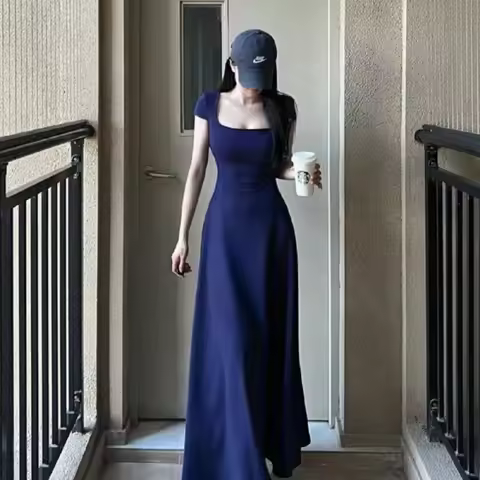 Fashion Square Collar Long Dress Black Grey Female Body Dress Summer Dress Short-sleeved a Line Dres
