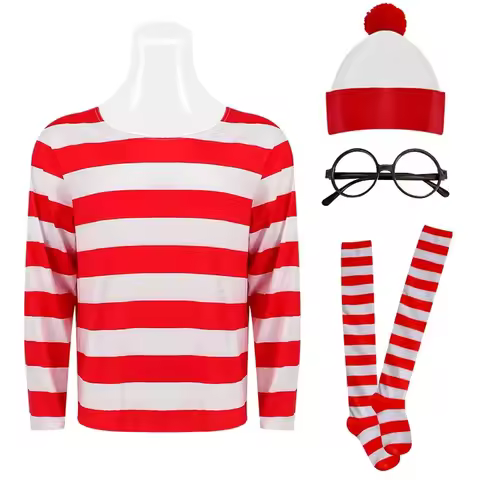 Wheres Waldo Cosplay Striped Shirt Youth Kids Wally Costume Shirt Glasses and Hat Socks Unisex Adult