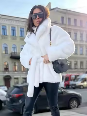 fashion white Imitation Rabbit Fur coat women's lapel loose long sleeves sashes plush jacket winte 3