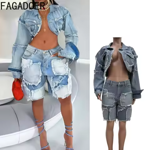 FAGADOER Summer New Fashion Denim 2 Piece Sets Woman Outfit Long Sleeves Patchwork Crop Jacket + Sho