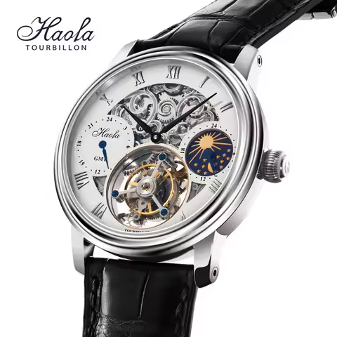 Haofa GMT Tourbillon Movement Wristwatch for Men Skeleton Luxury Moonphase Mechanical Sapphire Mens 