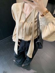 94892 New Style Ribbon V-Neck Long-Sleeved Shirt Women