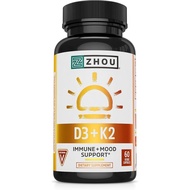 Zhou D3+K2 - Vitamin D3 K2 Supplement for Women & Men, Immune Support Vit D3 and K2 Supplements, Pur