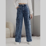 Cargo Six pocket Wide Leg  Seluar Jeans Perempuan Acid Wash Cargo Premium Quality