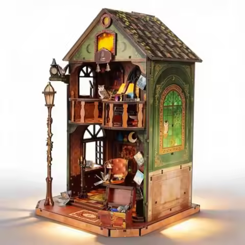 DIY Book Nook Kit 3D Wooden Puzzle for Adults Miniature House Kit with LED Light Creative Bookshelf 