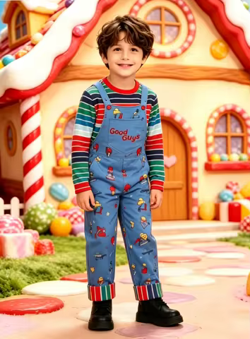 Boys Good Guys Blue Overalls Costume, Kids Chucky Printed Jumpsuit Outfit for Halloween