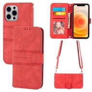 Leather Wallet Flip Case For iPhone 11 12 13 14 Pro Max Mini X XR XS Max 7 8 Plus Long Strap Handbag Card Holder Phone Cover