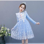 ANGUGU Kids Dress for Girl Princess Printed Frozen Tulle Skirt Cartoon Cute Sweet Lace Dresses On Sale Korean Party Cosplay Long Sleeve Autumn baju merdeka kanak kanak perempuan
