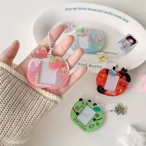 Cute Apple Kpop Photo Card Holder Keychain for 1 Inch ID Cartoon Print ID Card Cover Case Protector 