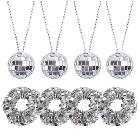 4/8pcs Mirror Silver Disco Ball Necklaces Sequin Hair Scrunchies Accessories 70s Disco Dance Birthda