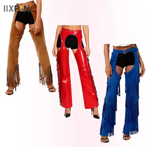 Womens Cowboy Chaps Halloween Party Cowgirl Cosplay Costume Layered Fringe Buttless Open Crotch Biki