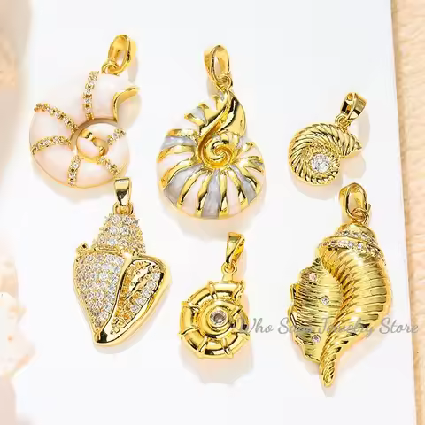 1 Pc Ocean Jewelry Charm Pendant Rhinestone Enamel Conch/ Sea Snail Clear Rhinestone Brass 18K Gold 