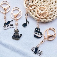 Cute Black White Music Cat Keychain Creative Guitar Piano Keyboard Metal Key Ring for Women Men Car 