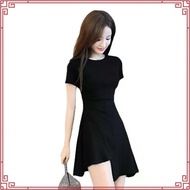 Hepburn Style Women Short Sleeve Irregular Dress Solid Color Causal Dress