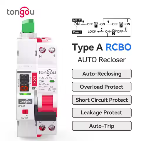 TONGOU RCBO 1P+N Type A 6kA 30mA Curve B/C 16A 40A Auto Recloser Overload/Residual Current Protectio