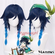Cosplay Wig Genshin Venti Uniseks Wig Biru Cosplay Anime Wig Kepang Cosplay Wig Sintetis Tahan Panas