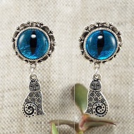 Blue Glass Cat Eye Earrings Evil Eye Silver Cat Protection Earrings Boho Jewelry