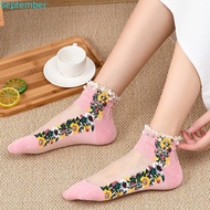 SEPTEMBER Embroidery Flowers Socks Breathable Cute Shallow Mouth Mesh Spring Summer Short Socks