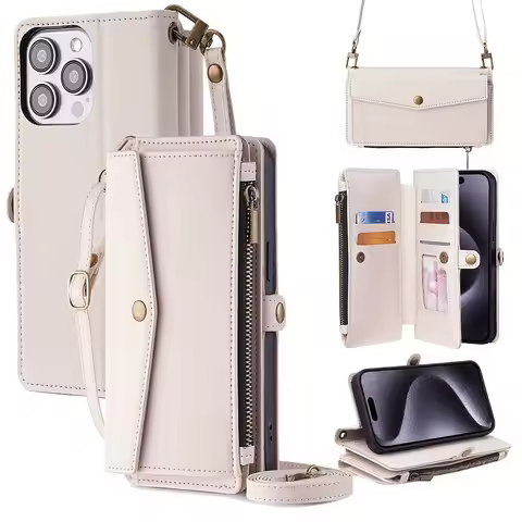 Luxury Leather Handbag Case for Vivo Y38 Y36 Y35 Plus Y33 Y31 Y30 Crossbody Lanyard Zipper Wallet Fl