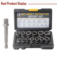 14PCS Impact Nut and Bolt Extractor Socket Set Damage Rust Screw Bolt Nut Remover Tools with 3/8-inc