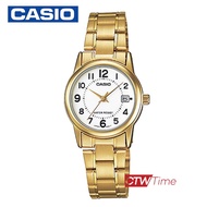 Casio นาฬิกาข้อมือผู้หญิง สายสแตนเลส รุ่น LTP-V002G-7BUDF (เรือนทอง/หน้าขาว)