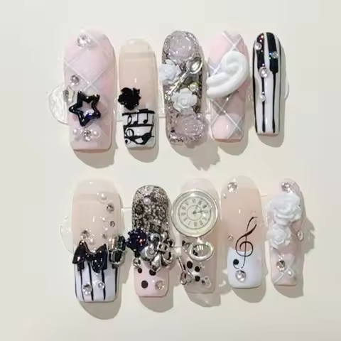 Musical Notes Retro Vintage Y2K Gyaru French Handmade Press On Nails 3D Rose Bow Pearl Pink Fake Nai