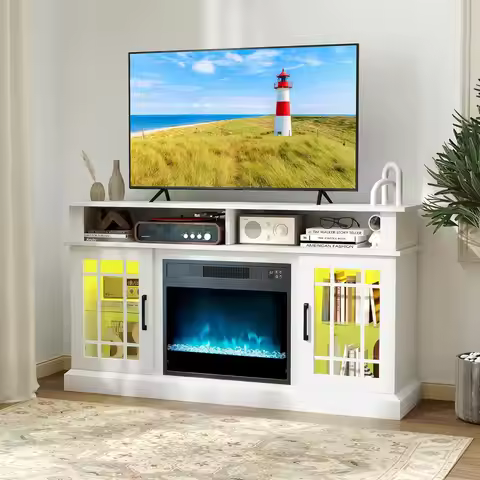 Electric Fireplace TV Stand for TVs up to 55 Inches with LED Lights 1400W Insert Remote Control 48-I