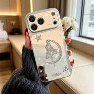Case For Samsung S25 S26 S24 S23 S22 Ultra F07 Silver Mirror Surface Rhinestone Moon Star Fairy Silh