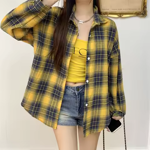 Women's Plaid Flannel Shirt Casual Button Down Long Sleeve Flannel Plaid Blouse Loose Check Shirt Fe