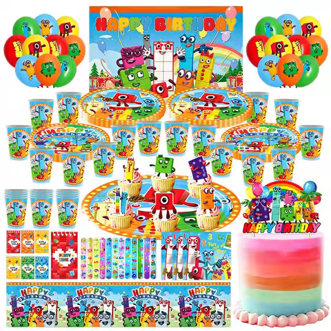 Building Blocks Birthday Decoration Tableware Set Banner Cake Topper Backdrop Number Balloon Buildin
