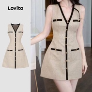 Lovito ชุดเดรสสีบล็อกปุ่มสำหรับผู้หญิง สไตล์ฤดูใบไม้ผลิ/ฤดูร้อน