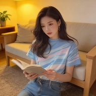[KOREAN STYLE] Contrast Color Short Sleeve T-Shirt – Sweet Casual Milk Blue Tee 706-2