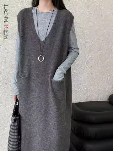 [LANMREM] Korean Style Temperament Dress Women's V Neck Solid Color Loose Sleeveless Dresses 2025 Au