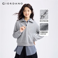 GIORDANO Women Sweatshirts Small Shimmer Fleece-Lined Sweatshirts Turndown Collar Half Zip Fashion C