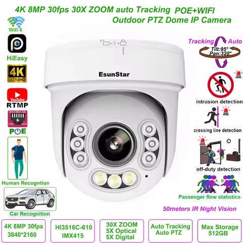 HiEasy 30X ZOOM 4K 8MP 30fps Wifi POE Auto Tracking IP Camera PTZ Speed Dome IP Camera outdoor ONVIF
