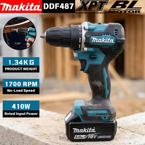 Makita Original DDF487 Cordless Driver Drill Brushless Electric Impact Screwdriver 18V 40NM 1700RPM 