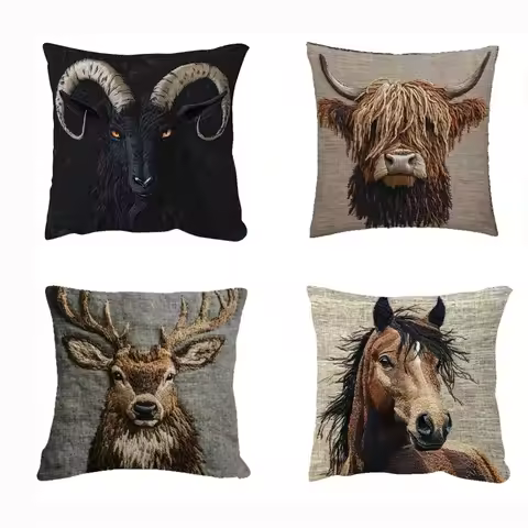 45x45cm Retro Wild Animals Pillowcase Black Goat Reindeer Horse Yak Pillow Cover Home Decor Sofa Car