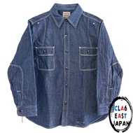 Pherrows 1940s Model Work Shirt - Easy Navy 770WS Chambray Linen Long Sleeve Shirt - Made in Japan -