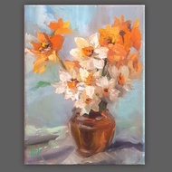 水仙油畫原畫花卉畫花藝畫佈品春天花卉畫原畫 手工油畫