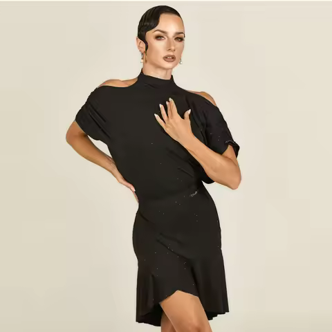 yes2026 Latin Dance Clothes With Rhinestone Women Black Loose Tops Strap Latin Skirts Practice Cloth