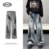 M-5XL Japanese Trendy Ripped Denim Pants Men Casual Baggy Wide Leg Plus Size Jeans
