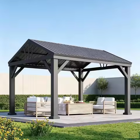 10' X 12' Outdoor Hardtop Gazebo, Heavy Duty Frame Gazebo with Galvanized Steel Roof, Permanent Meta