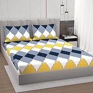 HOMYBEES® Yellow Blue Check King Size Double Bed Elastic Fitted 100% Cotton Soft Bedsheet with 2 Pil