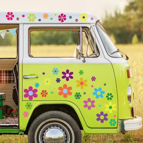 For 96 Pieces Car Flowers Stickers 60's Hippie Theme Party Stickers Multicolored Daisy Stickers Viny