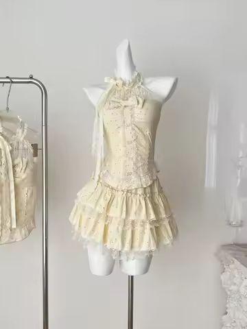 Summer Women Korean Ballet Core 2000s Shoujo Girl Kpop Gyaru Outfits 2 Piece Set Polka Dot Lace Tank