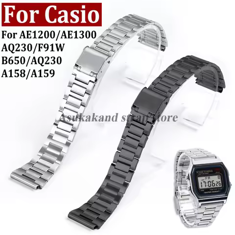 Stainless Steel Watch Band 18mm for Casio for A158/A159/AQ230/F91W/AE1200/AE1300/B650/AQ230 Metal St