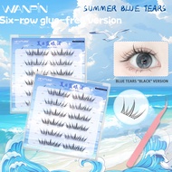 6 rows of glue-free blue tear lashes with pink tweezers, natural self-adhesive false lashes, glue-fr