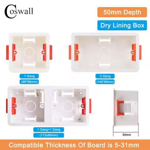 Coswall 86 Type Cassette 1/2 Gang Dry Lining Box For Gypsum Board / Drywall / Plasterboad 50mm Depth