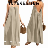 Backless Cami Dress - Pure Color with Back Tie Detail, Soft & Comfortable Beige House Dress for Wome