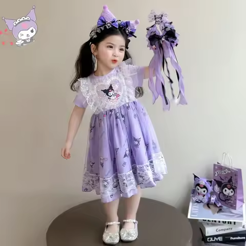Sanrios Kuromi Summer Dresses Lolita Princess Skirt Girls Party Dresses Cartoon Cute Children's Clot